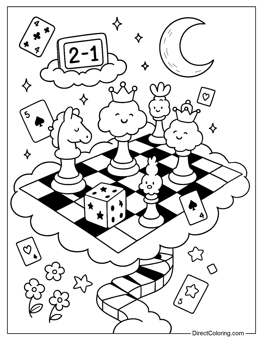 A giant checkerboard-shaped cloud, with little clouds representing chess pieces (knights, kings, queens) and star dice coloring sheet